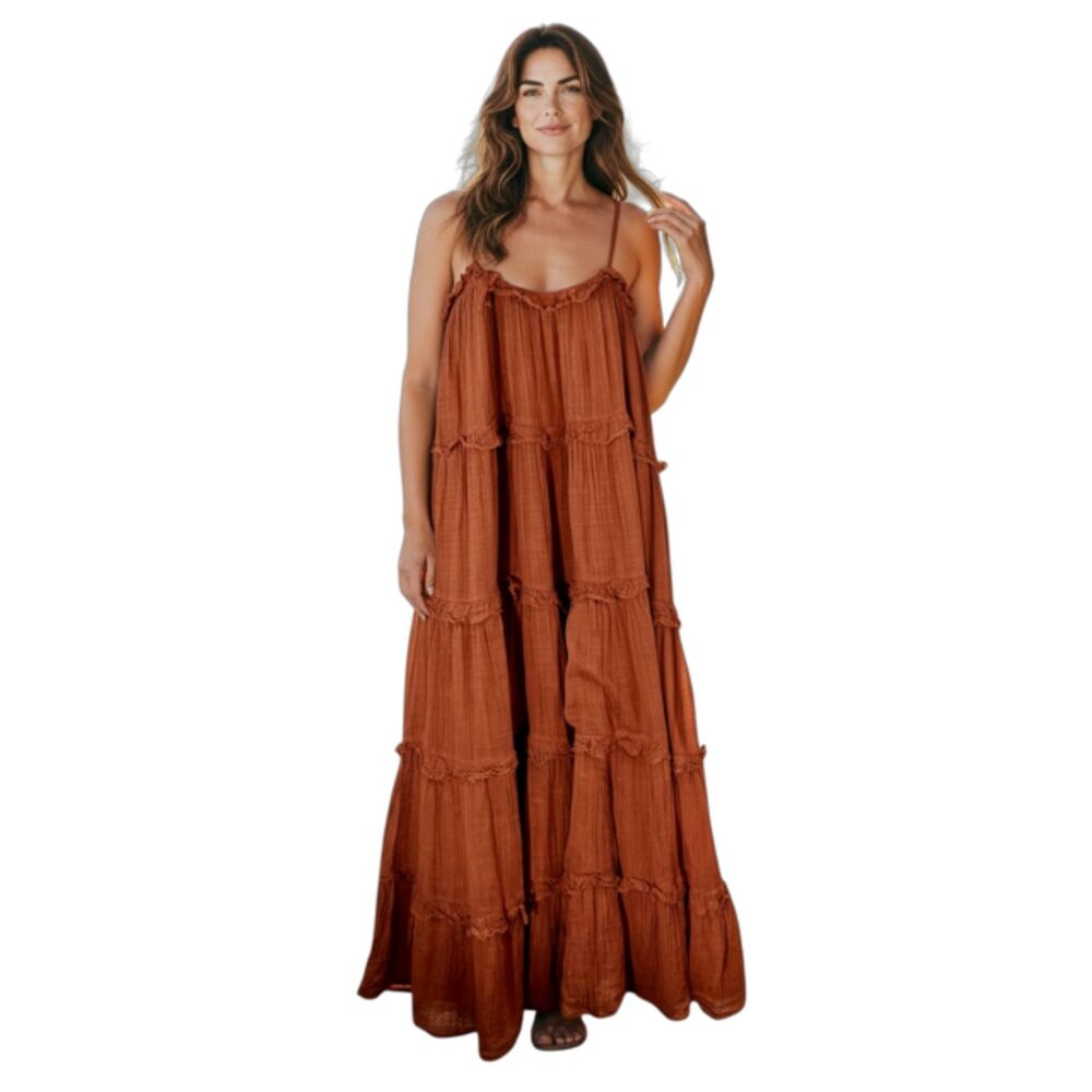 V.De.Vinster Rust Cotton Tiered Frill Maxi Dress Boho Lagenlook Sleeveless M